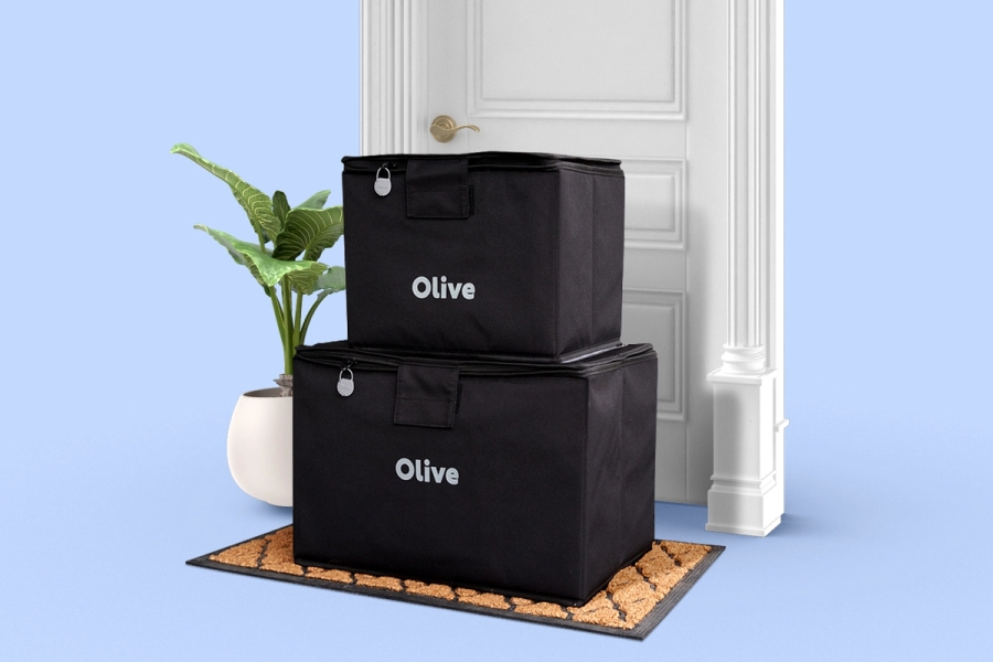 Image of Olive shipper tote on a doorstep