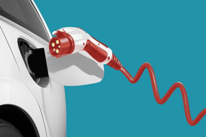 An electric vehicle charger resembling a downward market arrow hovering over a charging port