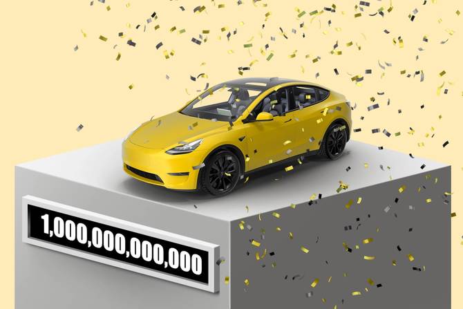 Yellow Tesla on a pedastal with "$1 trillion" on front with confetti