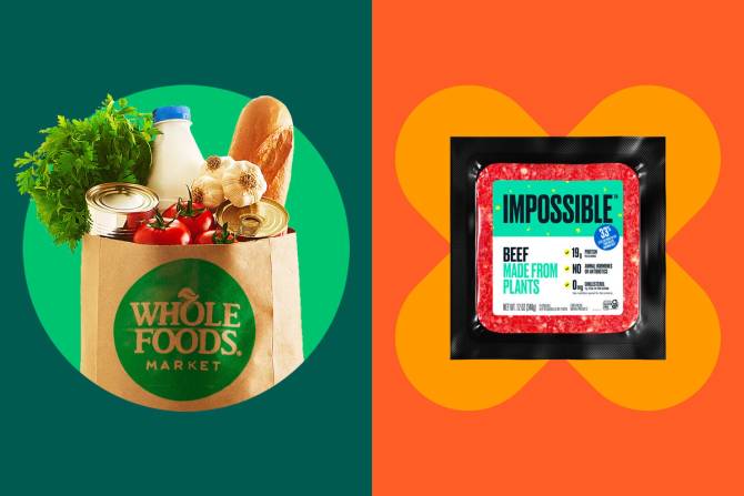 Side by side of a Whole Foods bag filled with groceries and a package of Impossible plant-based meat.