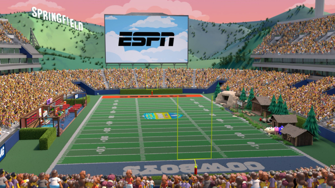 a rendering of the animated Simpsons Funday Football telecast depicting a football stadium 