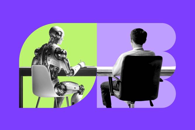 Collage featuring a robot and a human worker at office desks, each inside distinct, shaped containers. (Credit: Morning Brew Design)