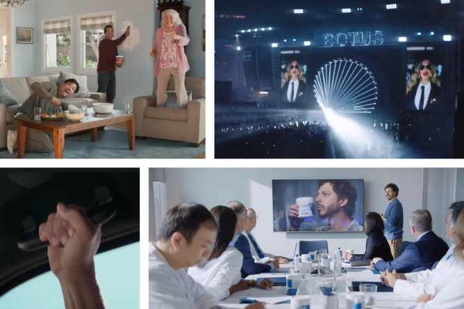 Stills from Super Bowl ads from Reeses, Verizon, CeraVe, and Toyota 