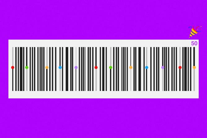 Timeline within a barcode with a celebratory emoji.