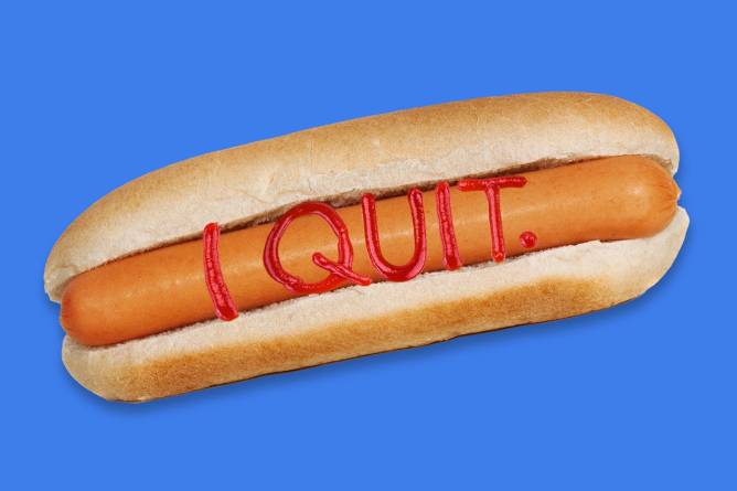 Hotdog with "I quit" written in ketchup