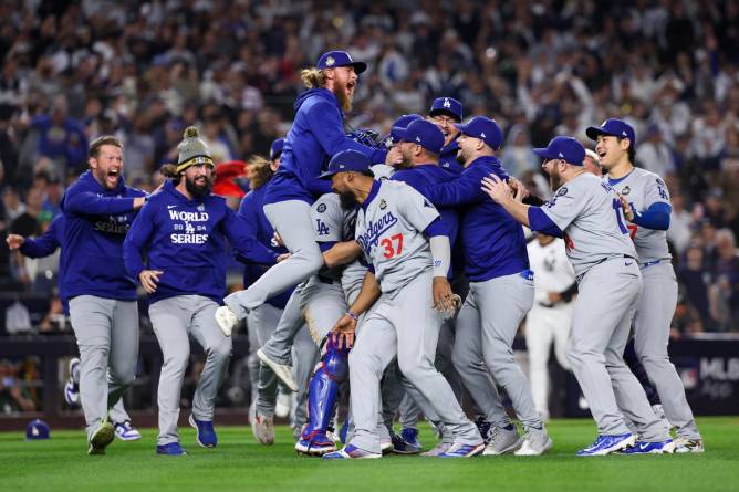 The Los Angeles Dodgers celebrate winning the world series