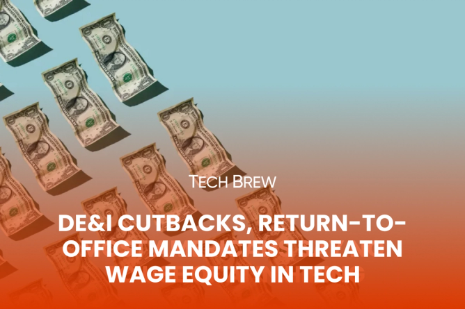 DE&I cutbacks, return-to-office mandates threaten wage equity in tech. Background of crumpled $1 bills, lined up in diagonal rows.