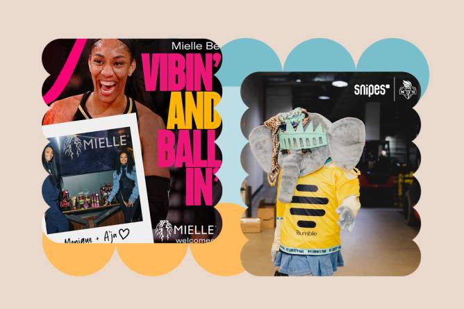 Mielle Organics marketing the WNBA via instagram, and Ellie the Elephant wearing a yellow t-Shirt with Bumble branding on it