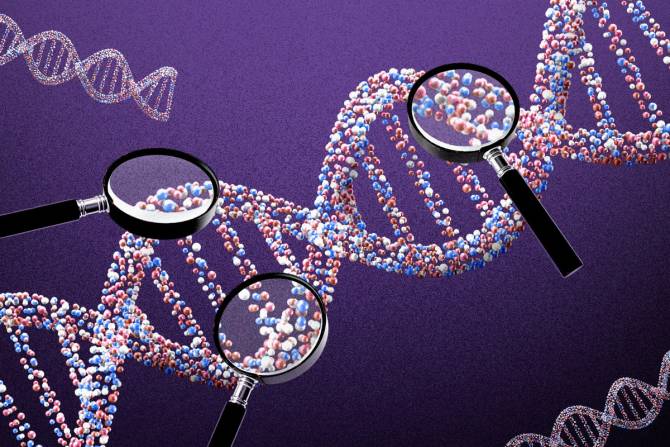 A DNA helix with magnifying glasses