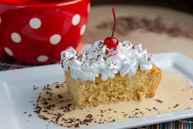 Slice of tres leches cake on plate with whipped cream and a cherry
