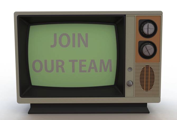 A retro TV screen displaying the words "JOIN OUR TEAM"