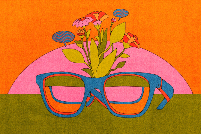 an image of glasses with flowers growing from them, rendering in cool colors