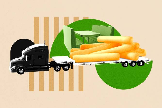 Semi truck with a load of giant Olive Garden breadsticks.