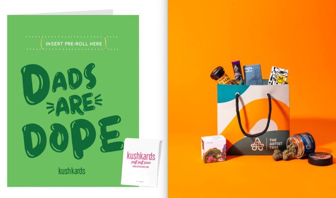 A greeting card that says “Dads are Dope,” which includes two bands at the top to add a pre-rolled joint and a book of matches, made by KushKards. Also, a shopping bag from The Artist Tree overflowing with cannabis products. 