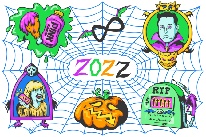 A spider web showing "scary" new items: Elon Musk, Spam, Inflation, Pink Sauce 