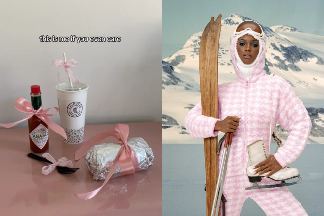 on the left, a Chipotle burrito, drink, fork, and bottle of hot sauce with a pink bow tied on each with the words "this is me if you even care"; on the right, a model for Skims wears a pink and white jumpsuit and ski gear in front of a wintery background