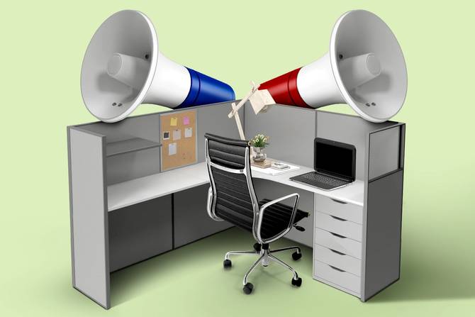 A cubicle desk with red and blue megaphones representing partisan political debates at work.