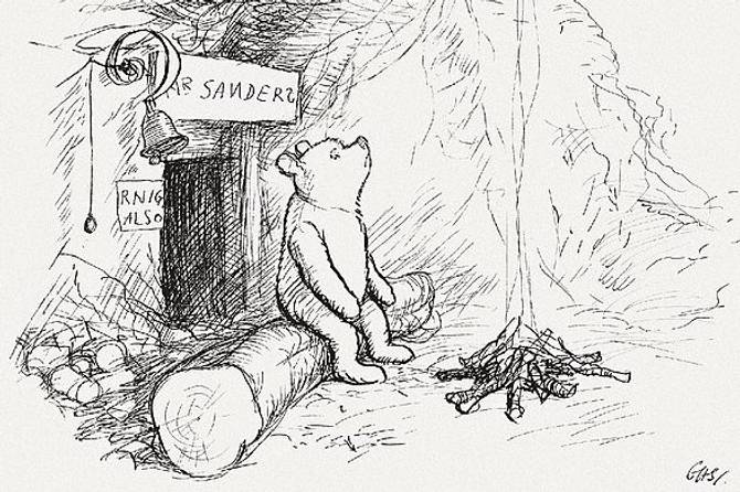Original black and white illustration of Winnie the Pooh