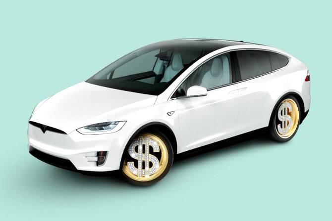 An illustration of a white Tesla sedan in front of a turquoise background. The tire rims are bedazzled silver dollar signs surrounded set in a gold circle. 
