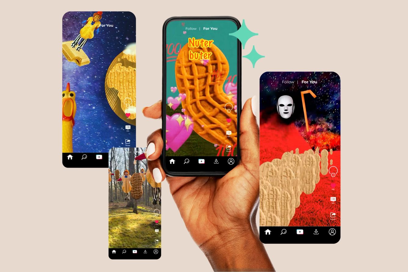 Nutter Butter social media posts appear on a variety of mobile phone screens, one held by a hand