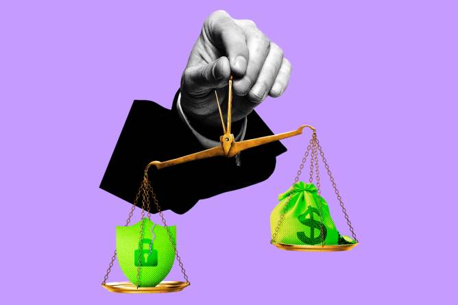 Hand holding up a balancing scale with a security shield and a bag of money.
