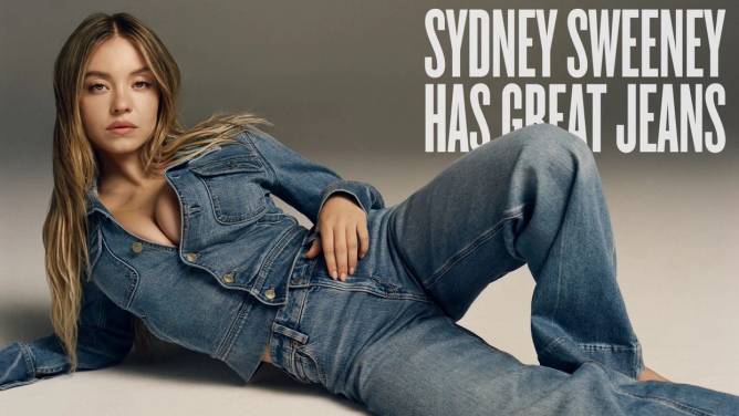 Syndey Sweeney poses wearing denim in an image with the text, "Sydney Sweeney Has Great Jeans."