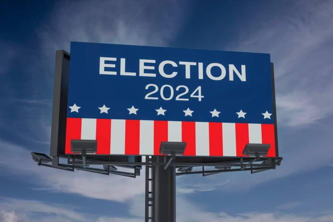 2024 Election Digital Billboard Against Cloudy Sky