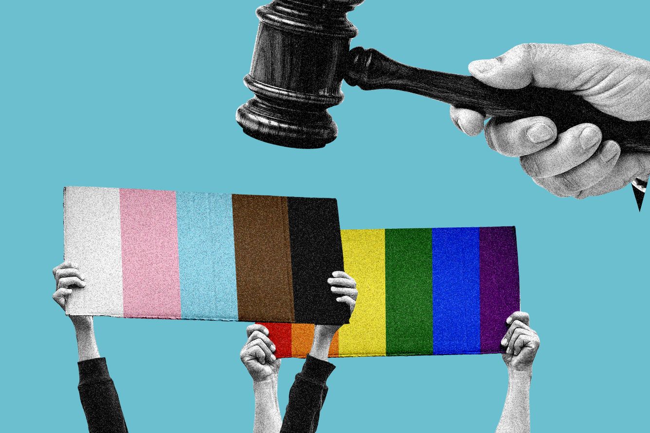 A hand holding a gavel above held up trans and pride flags