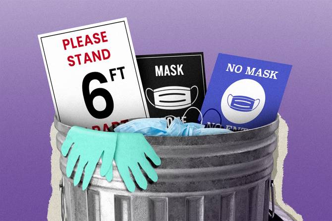 an image of a trashcan with a "Please Stand 6 ft" sign, a "Mask" sign, a "No Mask" sign, and masks and medical gloves inside of it