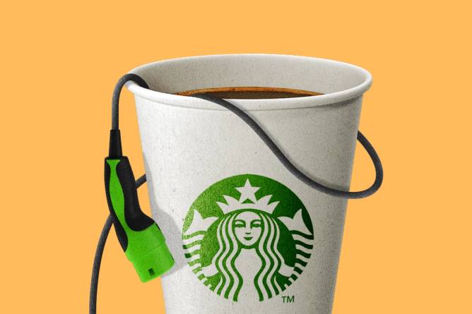 EV charger coming out of a Starbucks cup.