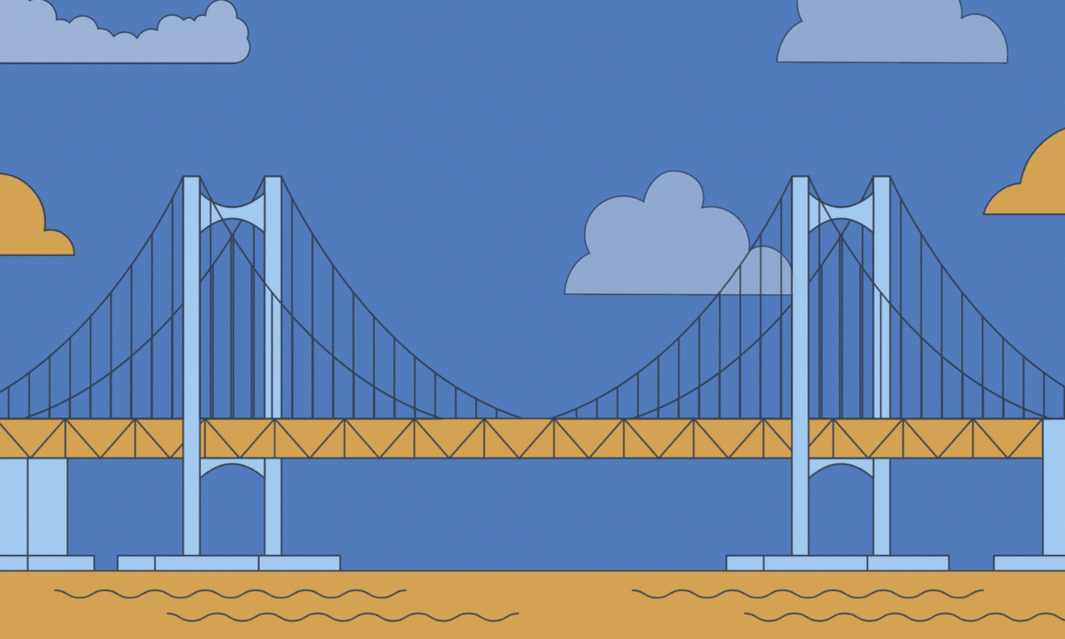 2D illustration of a bridge going over water set against a blue sky with floating clouds