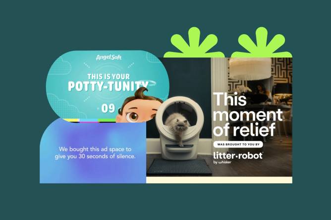 A photo composite of ads from AngelSoft, the Calm app and Litter-Robot
