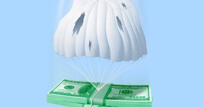 A stack of hundred dollar bills floating in the air with a parachute that’s heavily damaged with giant holes in it