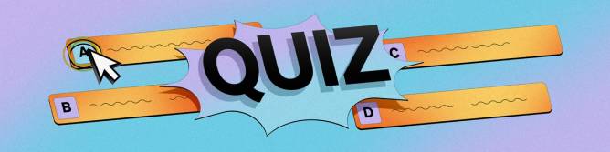 "Quiz" text surrounded by A, B, C, and D multiple choice answers on a purple and teal gradient background