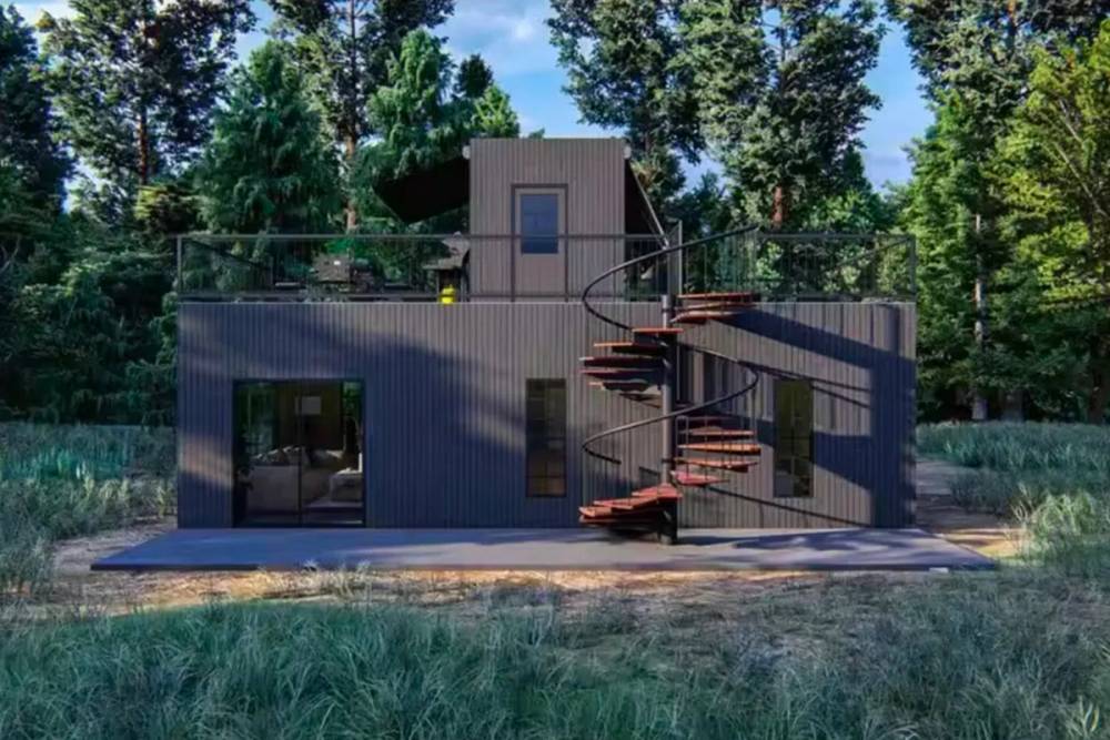 Rendering of a dark grey tiny home with external spiral staircase in natural landscape