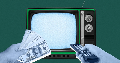 A closeup of two hands, one holding a stack of money and the other pointing a TV remote at a retro TV