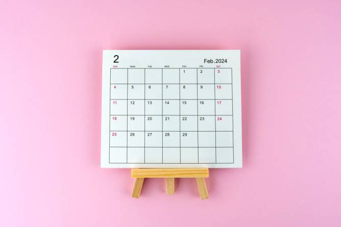 Leap year calendar on a pink background.