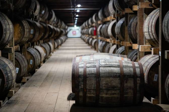 Barrels of bourbon are stacked in a barrel house at the Jim Beam Distillery on February 17, 2020 in Clermont, Kentucky.