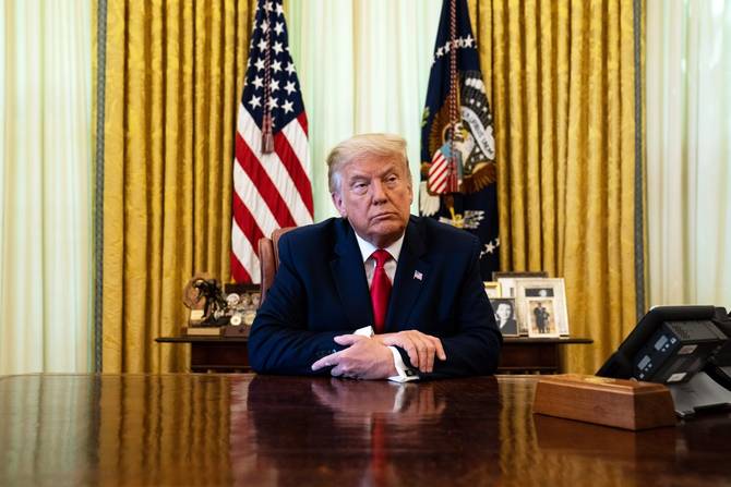 U.S. President Donald Trump listens during an event in the Oval Office of the White House August 28, 2020 in Washington, DC. 