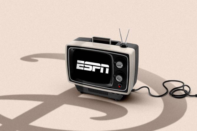 Old TV with ESPN logo on floor with the Disney logo