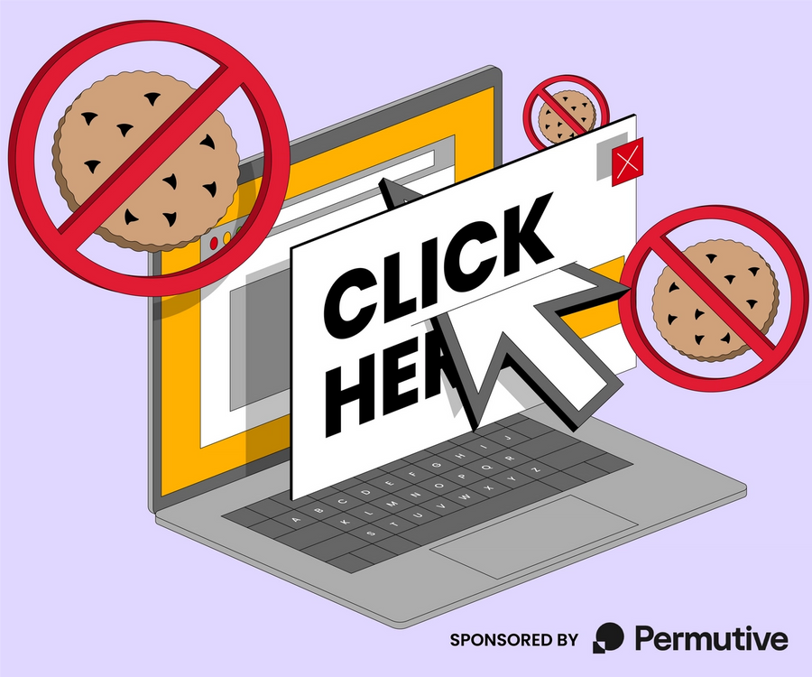 An image that says "Click here" on a laptop surrounded by cookies covered with the "no" symbol