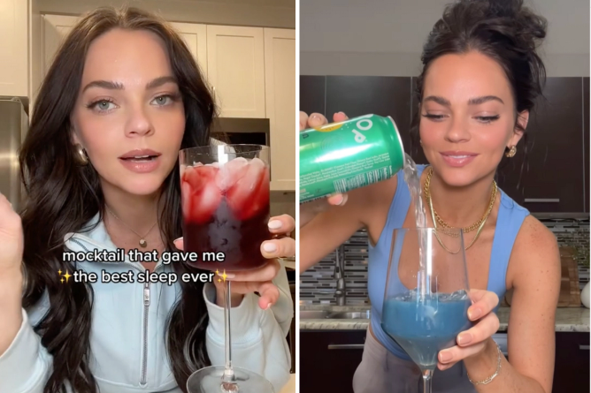 Creator Gracie Norton, in two videos, making a sleepy girl mocktail with Olipop as an ingredient