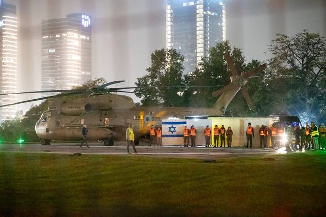 A helicopter with Israeli hostages released earlier by Hamas lands at Schneider medical centre 