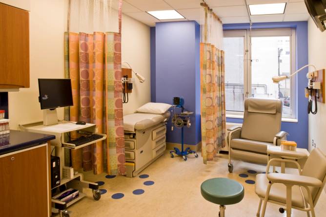 A comfortable patient’s room in the children’s outpatient department of a New York Hospital.