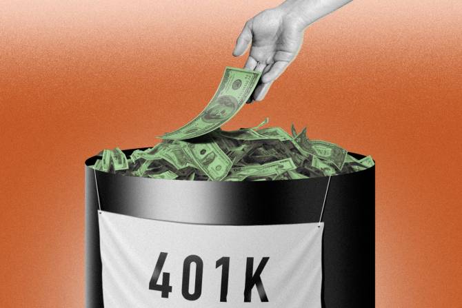 Hand dropping cash into a bucket that says "401k