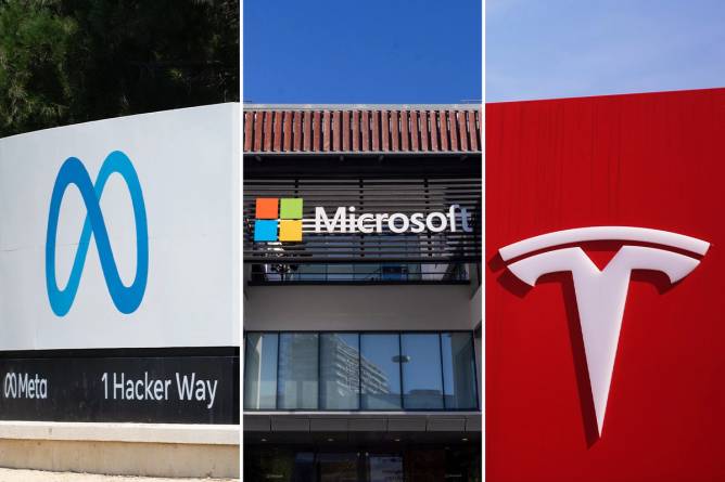 the logos of meta, microsoft, and tesla