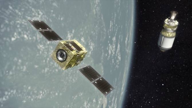 image of astroscale elsa-D spacecraft closing in on a piece of debris in space