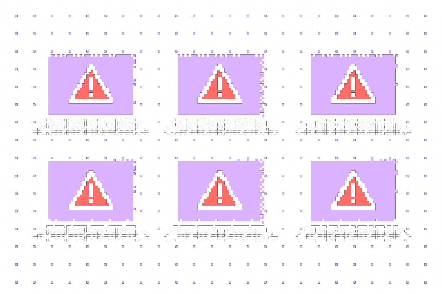 Pixel-art illustration of a grid of six computer monitors, each displaying a red warning triangle, against a dotted background.
