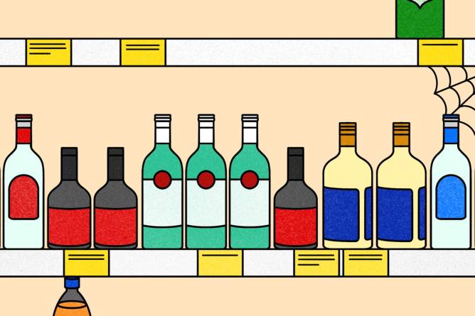 illustration of liquor bottles on shelves
