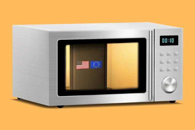 An illustration of a microwave with the US and EU flags cooking inside